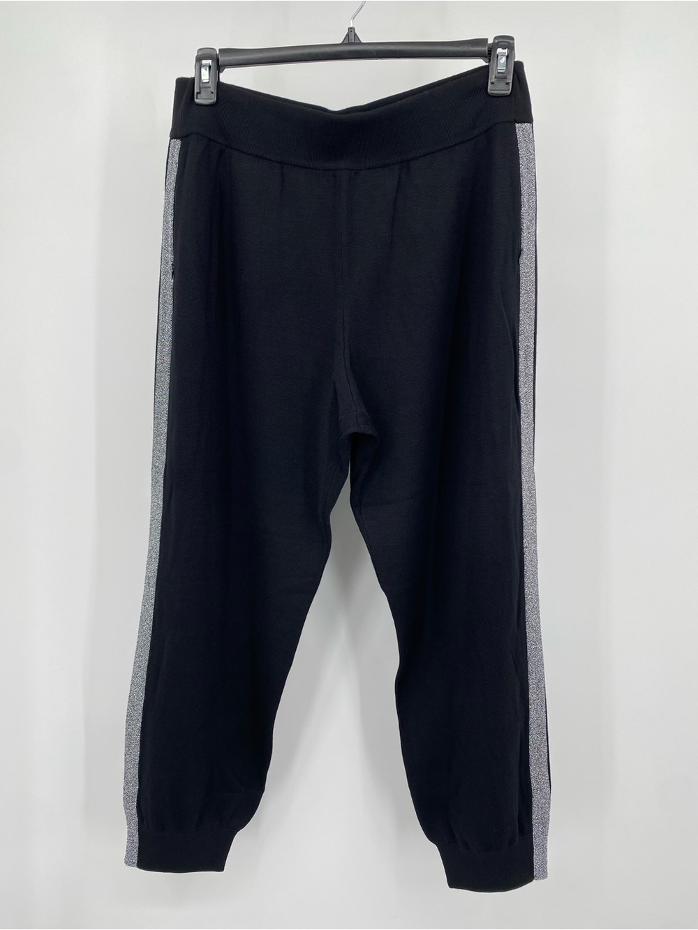 Akris Punto Black Joggers with Silver Stripes 95% Wool Side Pockets Size 14